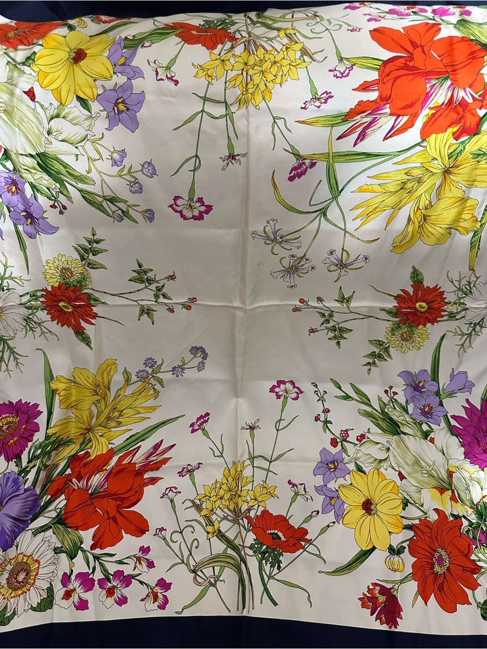 Gucci Floral Silk Scarf in White with Red, Yellow & Purple Blooms